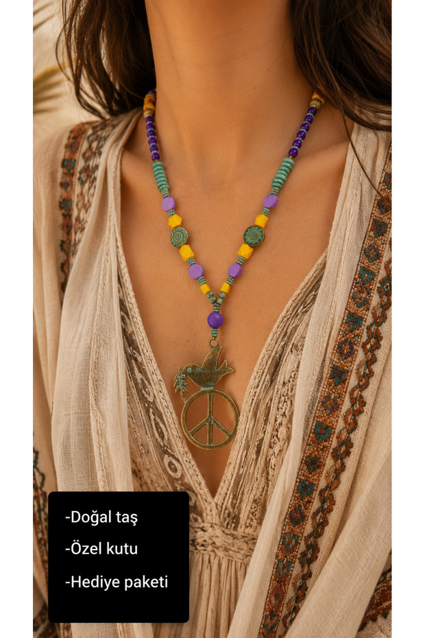 Natural Stone Bohemian Dove Peace Symbol Handmade Women's Necklace – Colorful Bead Design