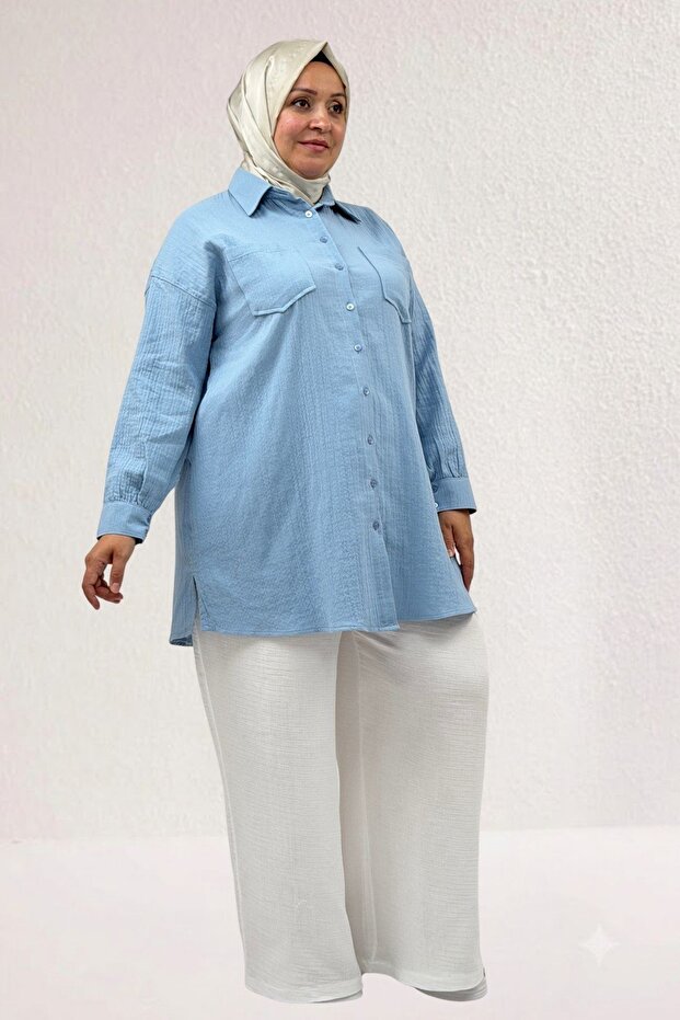 68061 Large Size Muslin Shirt with Pockets and Cuffs - Baby Blue