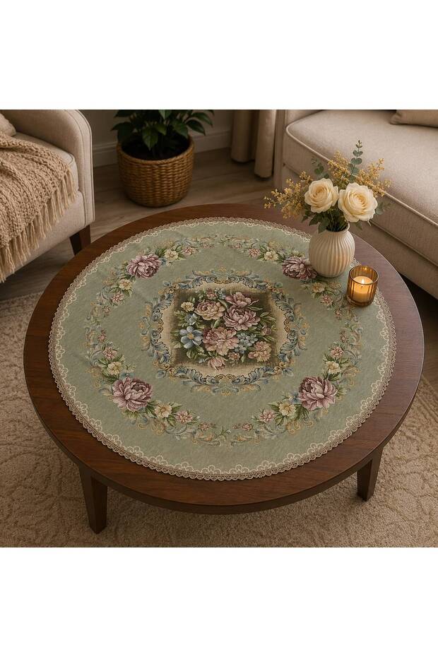 Royal Bouquet 95 cm Round Chenille Tapestry Coffee Table Cover