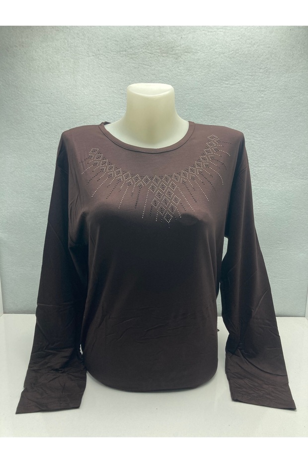 Women's Crew Neck Stone Detailed Long Sleeve Comfortable Fit Combed Cotton Blouse