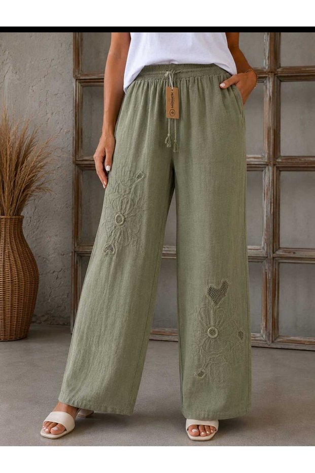 Linen Embroidery Detailed Wide Leg Stylish and Modern Pants