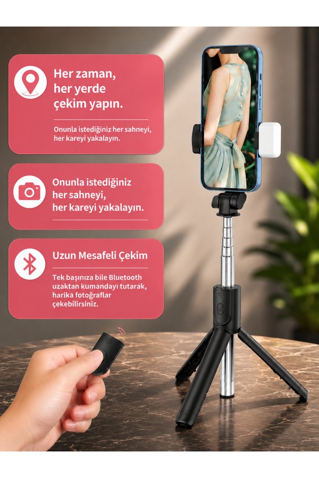 Wireless Remote Control Selfie Stick with Led Light, Foldable, Lightweight, Easy to Install, Portable Stand Tripod