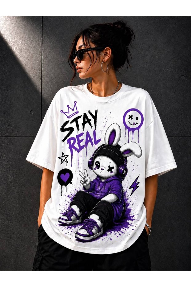 Purple Rabbit Graphic Printed Oversize Women's T-Shirt