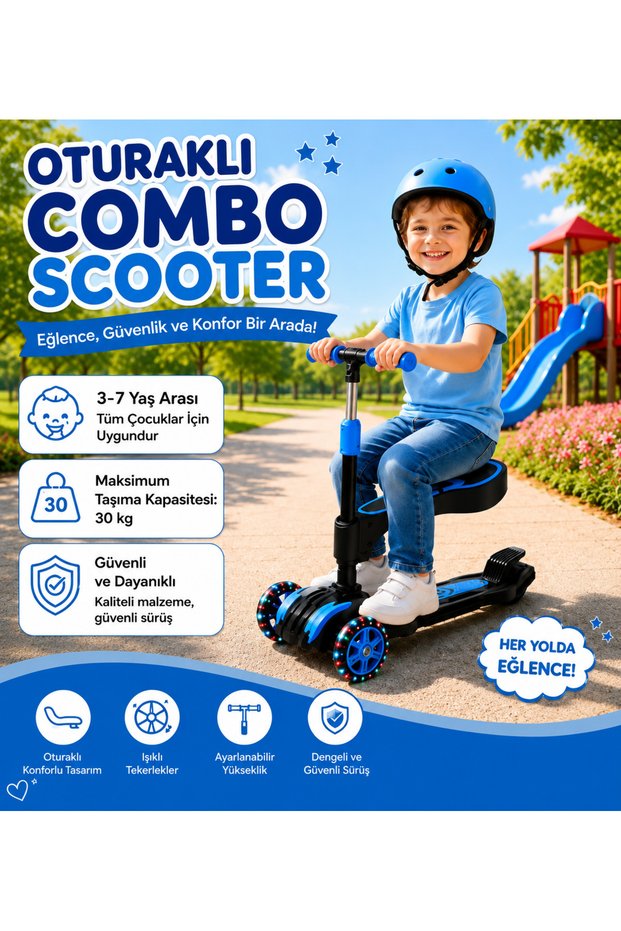 Children's Scooter with Seat, 3 Wheels, Foldable, Led Lighted, Adjustable, Blue +3 Years