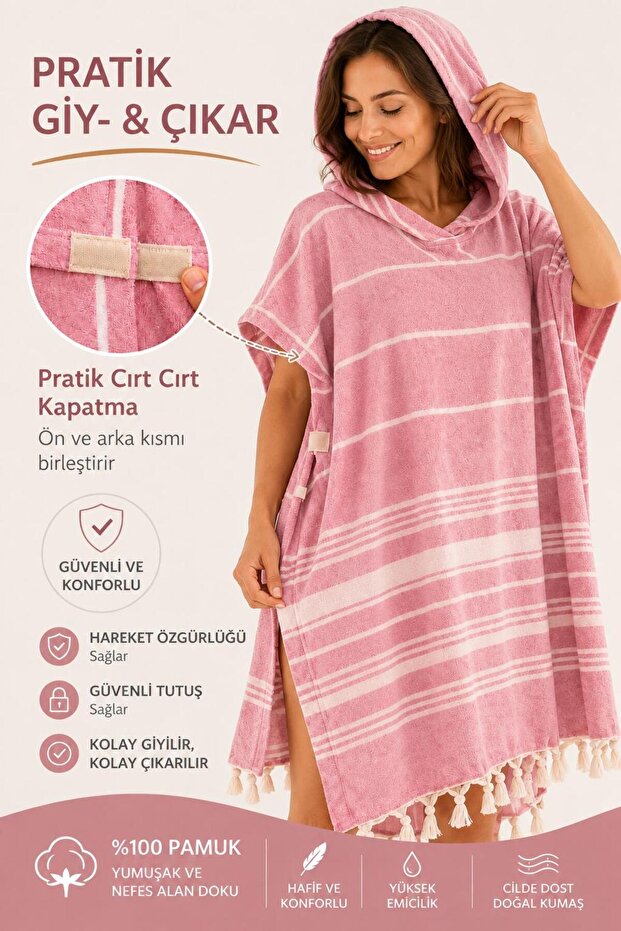 Bornoz-Panço Peştemal Beach Towel 100% Cotton-Pink