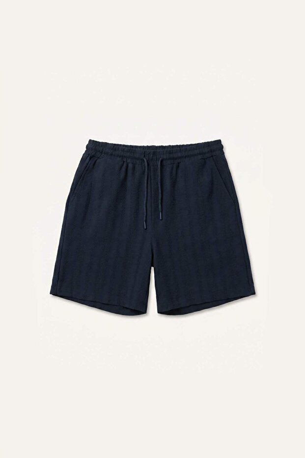 100% Cotton Relax Fit Elastic Tie Waist Navy Blue Bermuda Shorts I3857Ax26Au