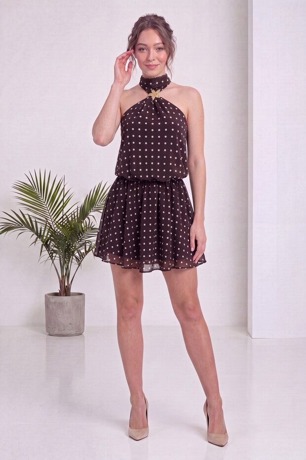 Women's Polka Dot Halter Neck Mini Dress Brown