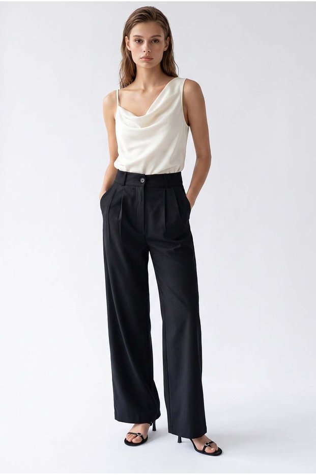 2186 Women's High Waist Double Pleated Palazzo Trousers Black