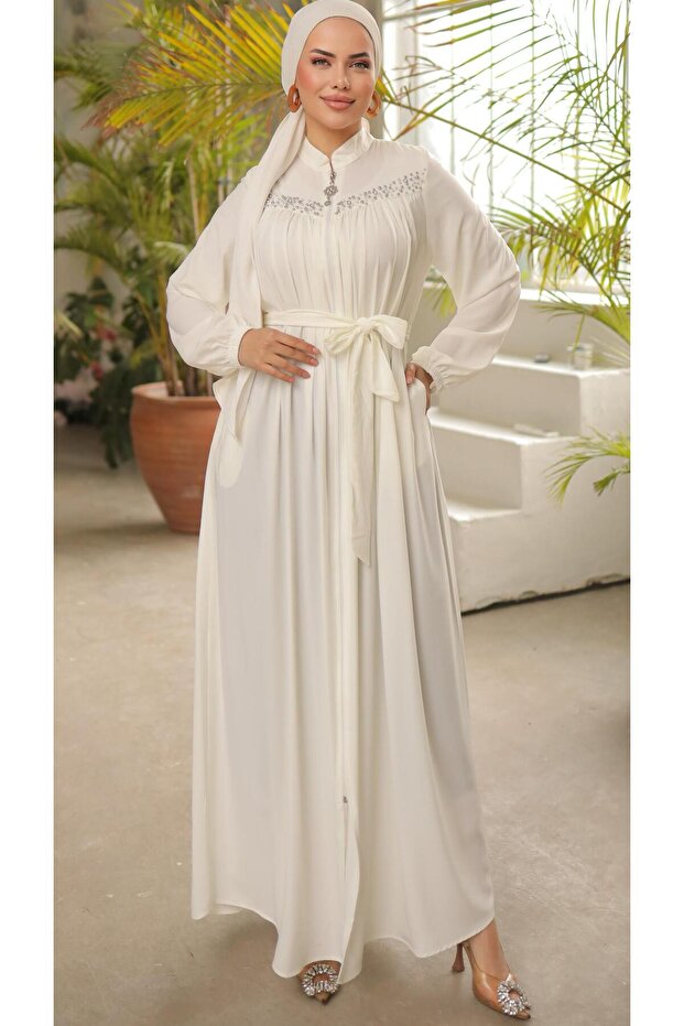 Ankanoor White Robe Beaded Ferace Anka 255016