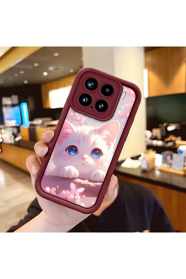 Mi 15 5g Compatible Case Camera Protector Burgundy Silicone Couple Phone Case Cat Pattern