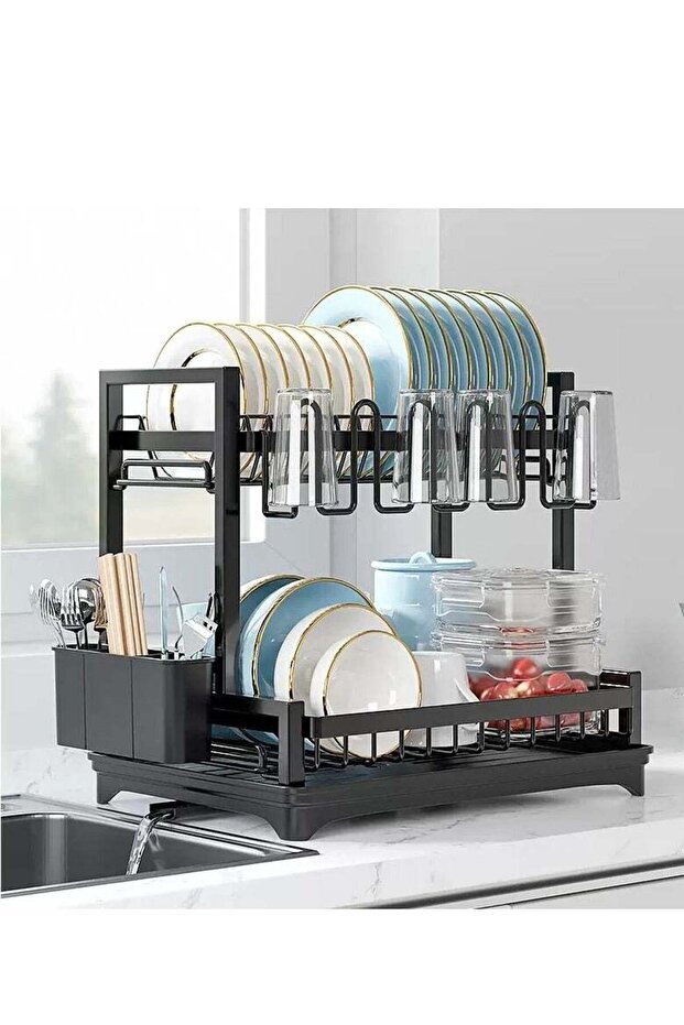 Dish Drying Rack, 2 Tier Dish Racks for Kitchen Counter, Stainless Steel Kitchen Dish Drying stand,Detachable Capacity Dish Drainer Organizer with Utensil Holder, Drain Board,Black