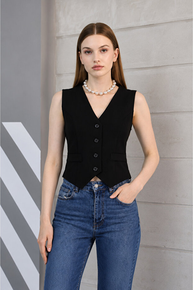 Women's Black V-Neck Buttoned Stylish Crepe Vest