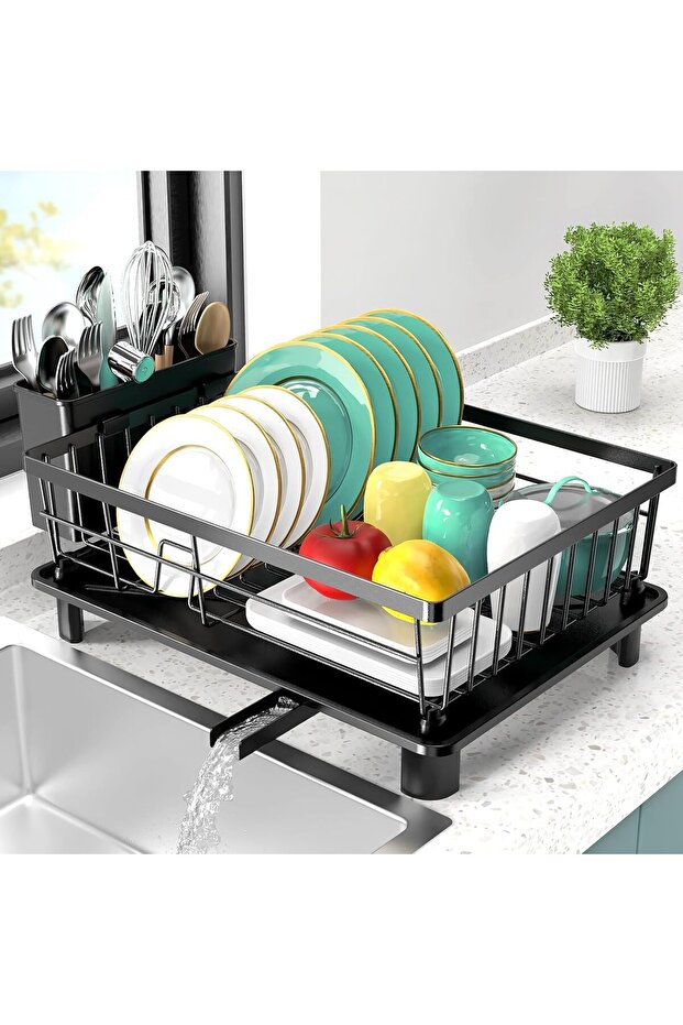 Dish Drying Rack, Space-Saving Dish Rack for Kitchen Counter, Stainless Steel Dish Rack with Cutlery Holder, Removable Dish Drainer, Drainboard and Adjustable Spout for Various Kitchenware,15x11x6.7''