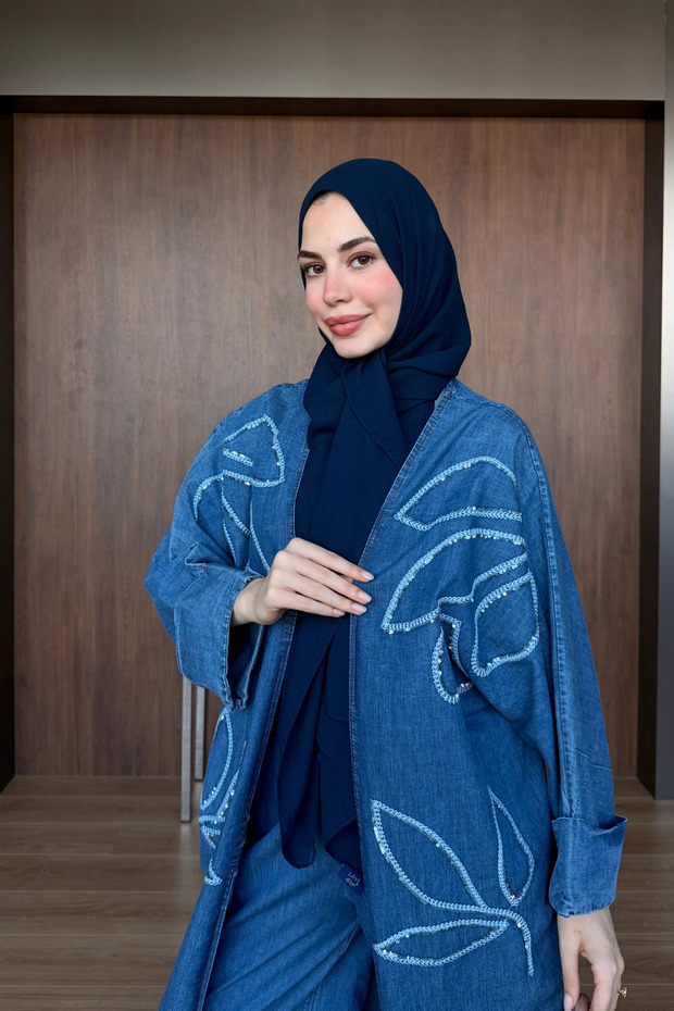 Women's Sequin Embroidered Bat Sleeve Denim Kimono Cardigan Bottom Top Set