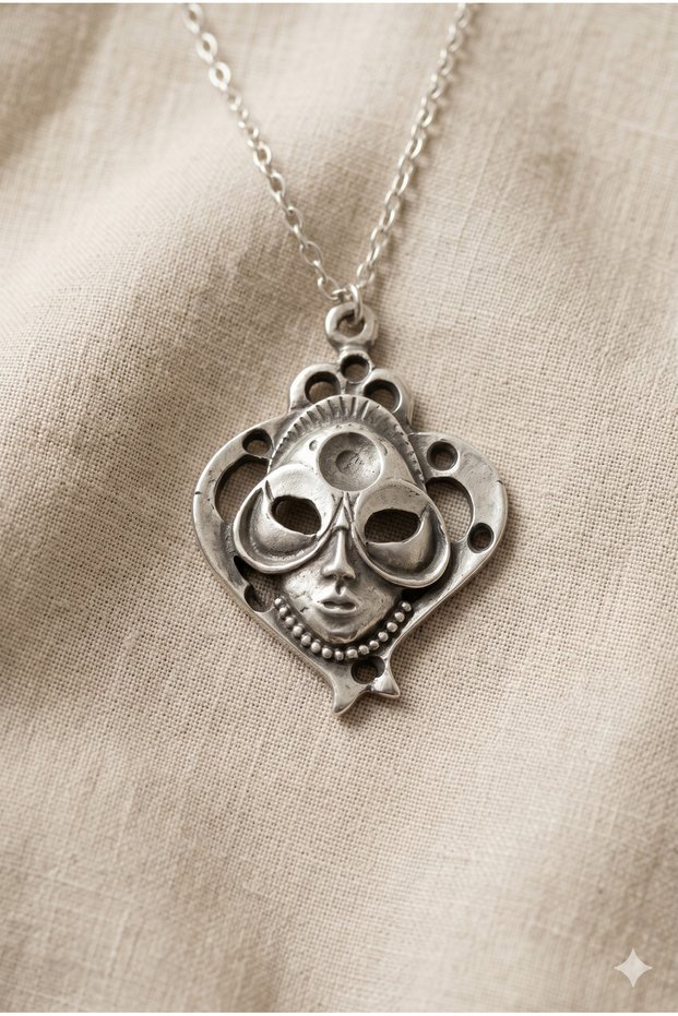 Die-Cast Masked Girl Figured Pendant with Steel Chain Necklace