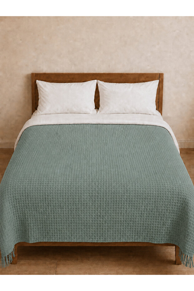 Salbei Sage Green Waffle Pike 180X220 cm Tufted Double Bed and Sofa Cover