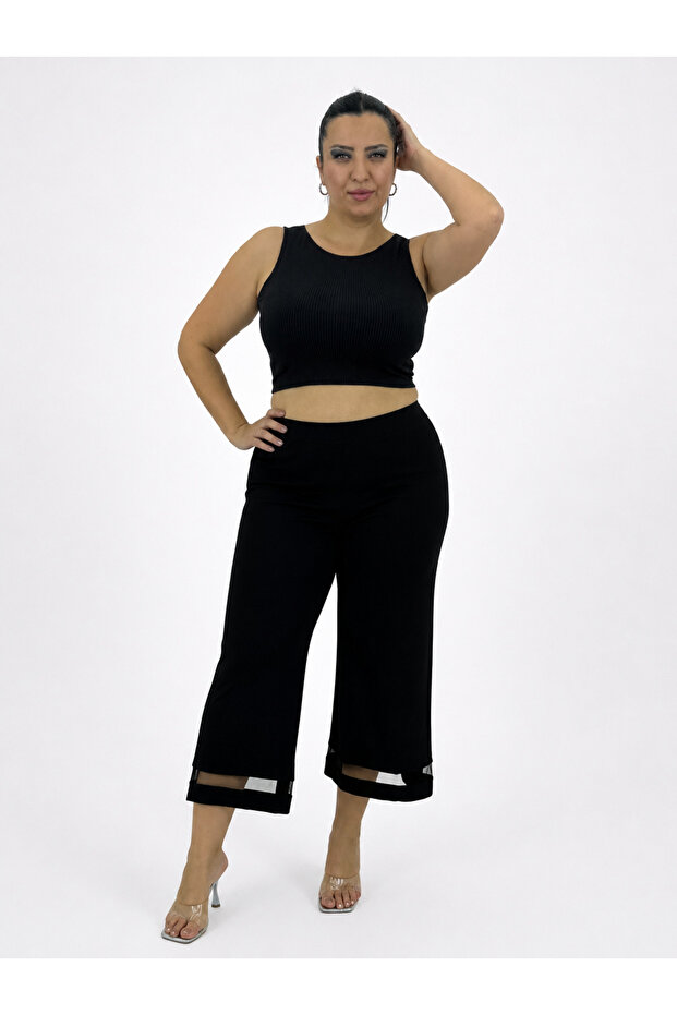 Plus Size Viscose Lycra Tulle Detailed Wide Leg Slim Viscose Women's Capri Leggings Trousers