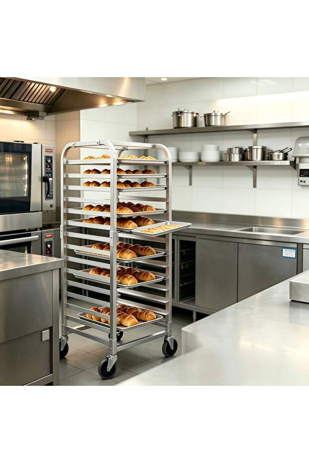 10-Tier Aluminum Baking Tray Cart – Space-Saving Mobile Rack – Lockable Wheels – Bread & Pastry Cooling – Kitchen, Bakery, Restaurant – 20"W x 26"D x 39"H