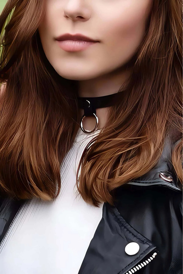 O Ring Detailed Black Faux Leather Collar Necklace