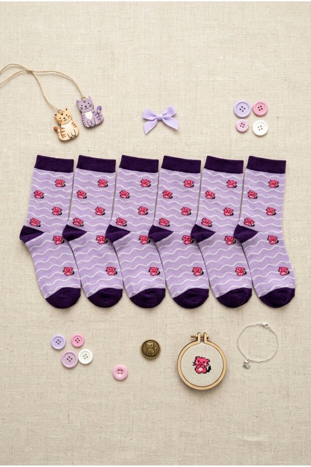 Girl Child 11-12 Years Old Pink Teddy Bear Patterned Purple 6-Piece Sock Set