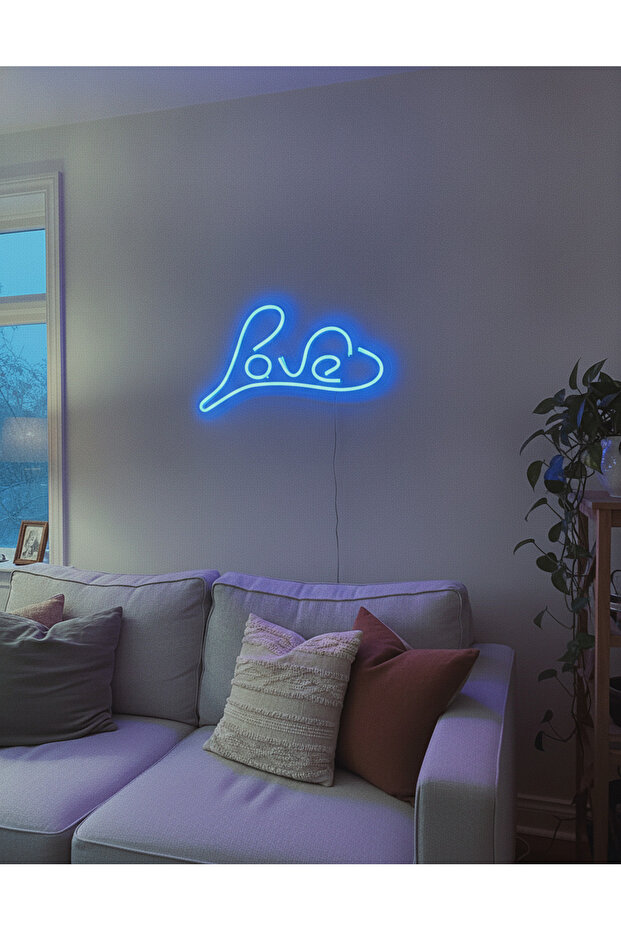 Love Yazılı LED Neon Duvar Tablosu | Mavi Aydınlatmalı Modern Dekor | Yatak Odası - 2