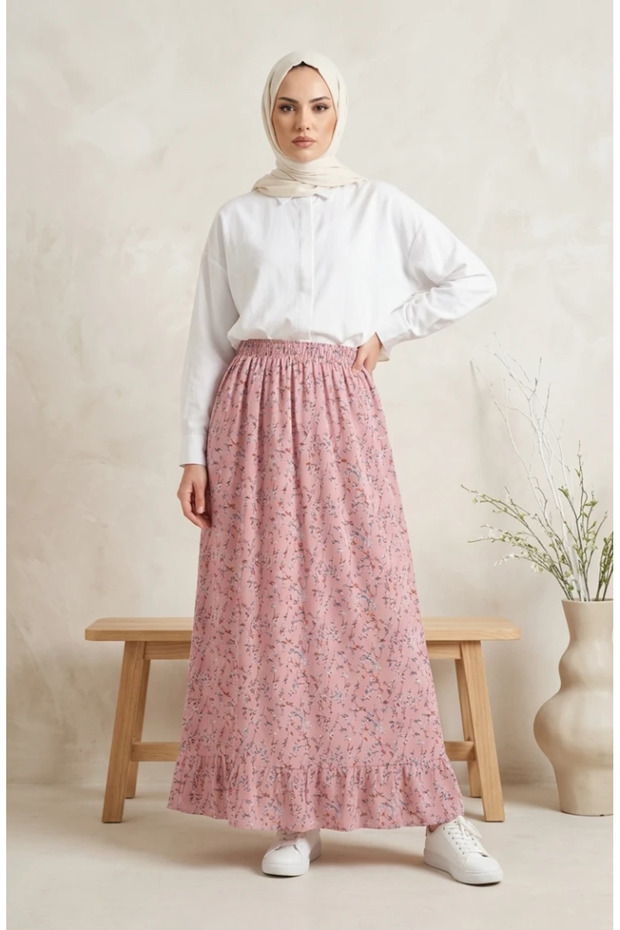 Elastic Waist Floral Patterned Skirt 0303-03 Powder