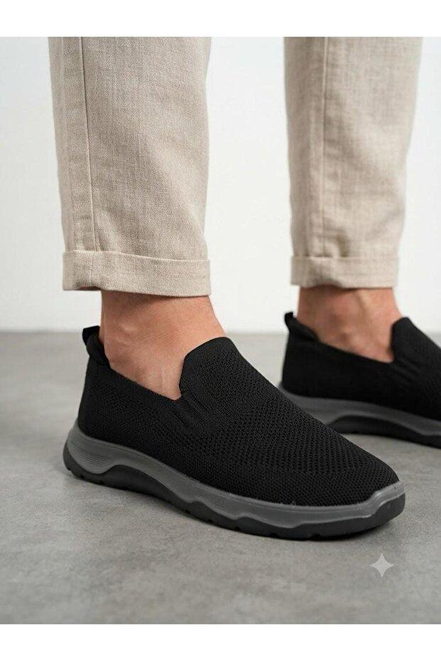 Men's Laceless Black Knitwear Sneaker Orthopedic Sole Walking Shoes