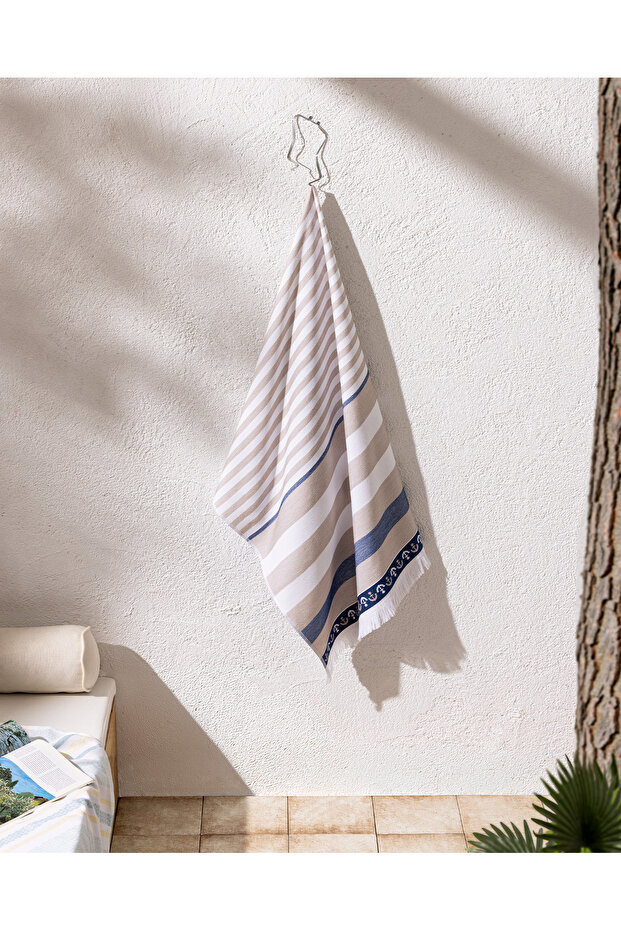 Alix 100% Cotton Beach Towel - Beige/Navy Blue - 70X150 cm