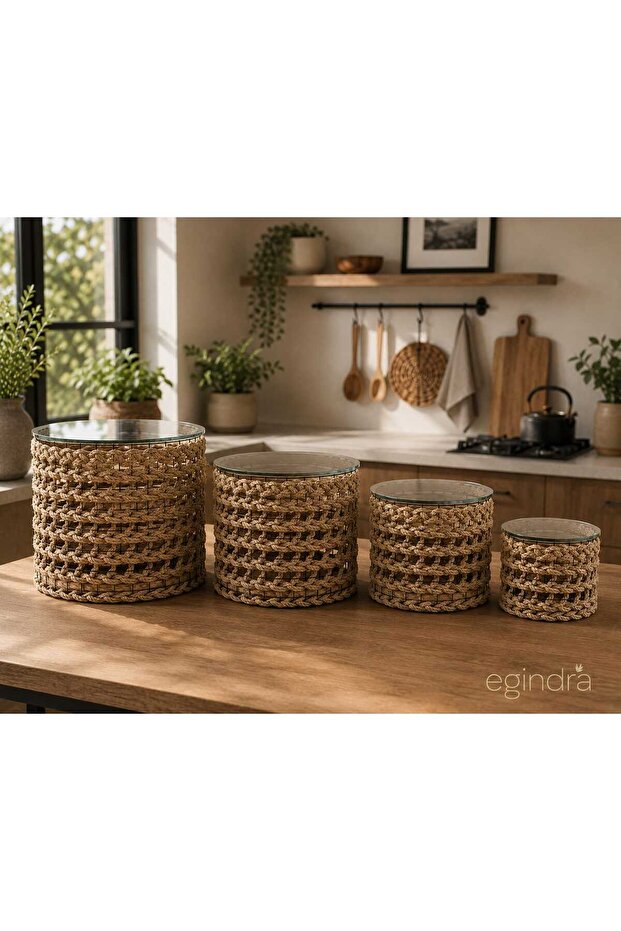 Bohemian Style Wicker Woven Glass Lid 4-Piece Mini Organizer Basket Set