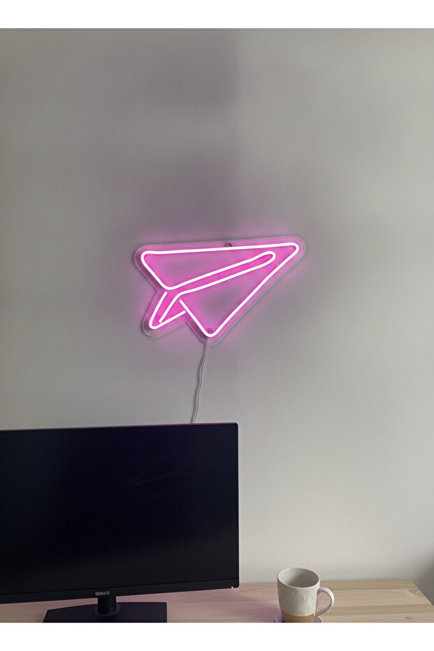 Kağıt Uçak Figürlü LED Neon Duvar Tablosu | Pembe Aydınlatmalı Modern Dekor | Genç Odası - 5