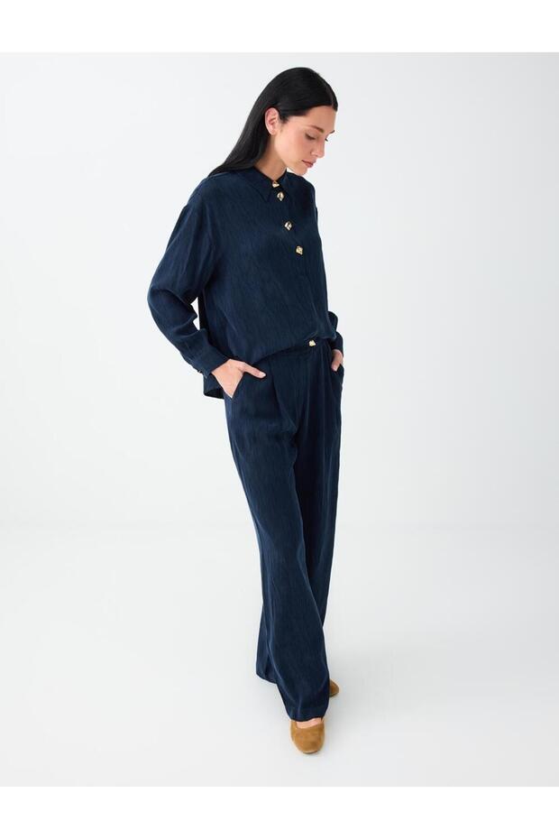Navy Blue Metal Button Detailed Relaxed Fit Trousers