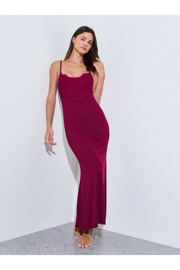 Burgundy Rib Lace Detail Lettuce Hem Slip Dress