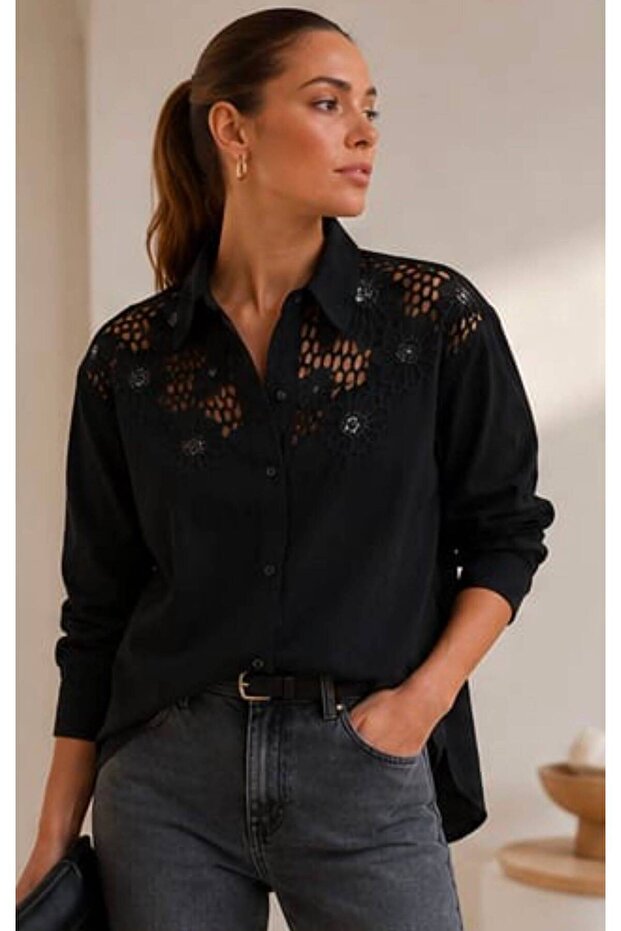 Premium 100% Cotton Women's Shirt with Chest Patch Embroidery and Sequin Detail, Comfortable Fit