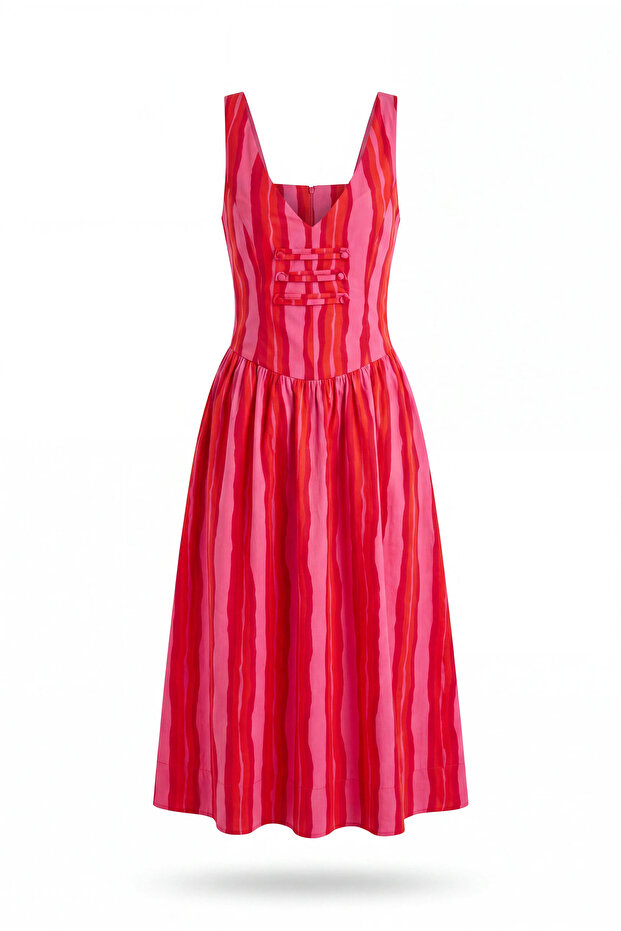 Red Pink Stripe Detailed Thick Strap Poplin Dress
