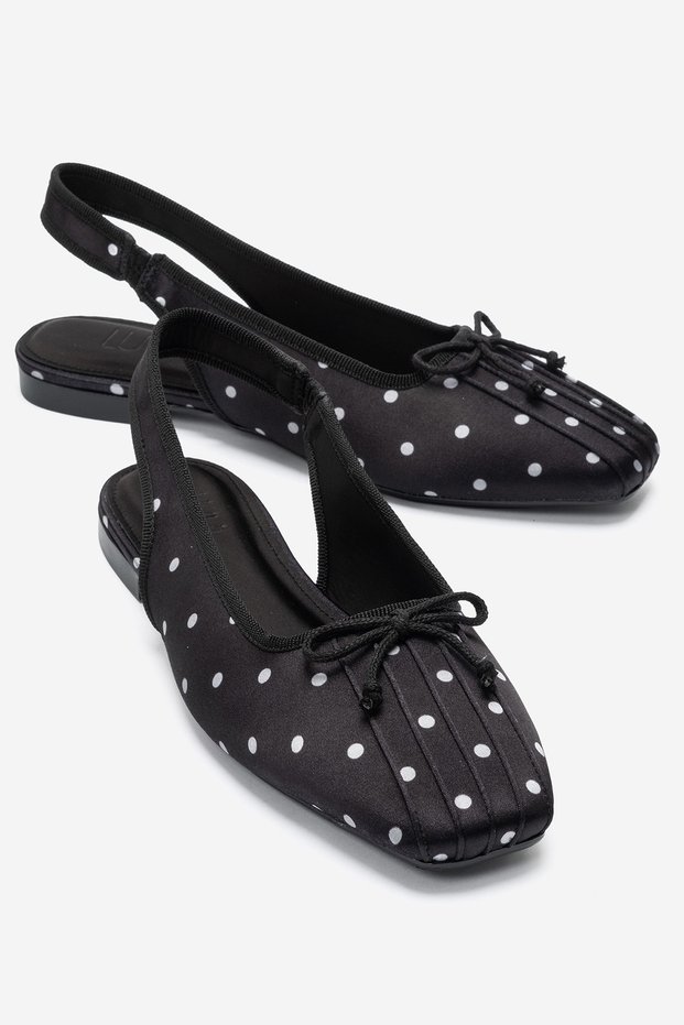 Zelvia Black and White Polka Dot Bow Open Back Women's Ballerina Shoes