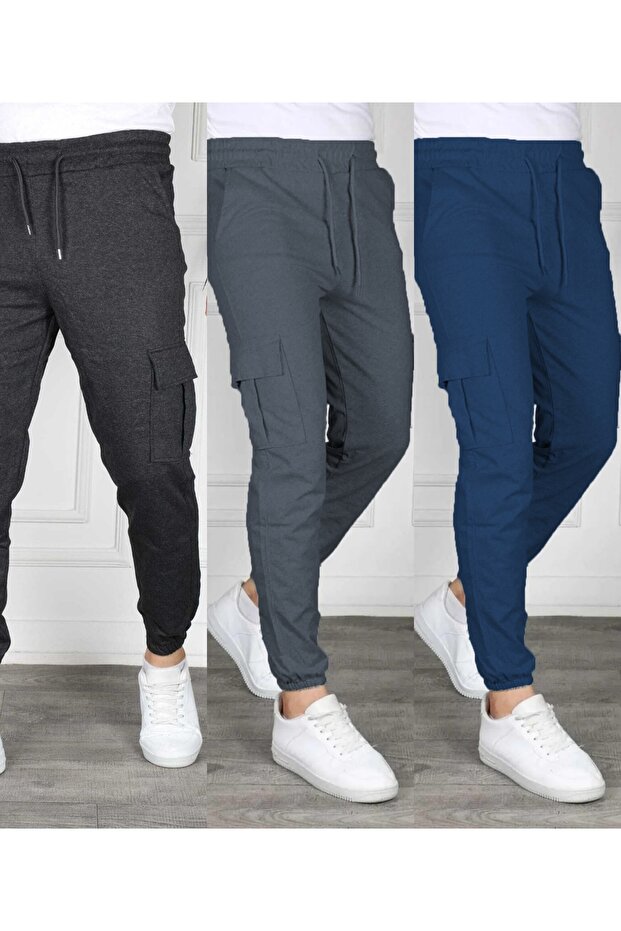 Set of 3 Unisex Cargo Pocket Elastic Leg Sweatpants