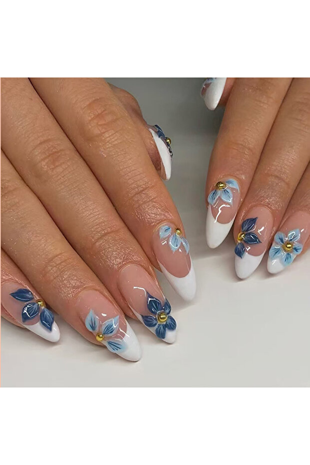 3390 Medium fake nails for women Gradient nude brown blue flowers or rhinestones fall winter almond