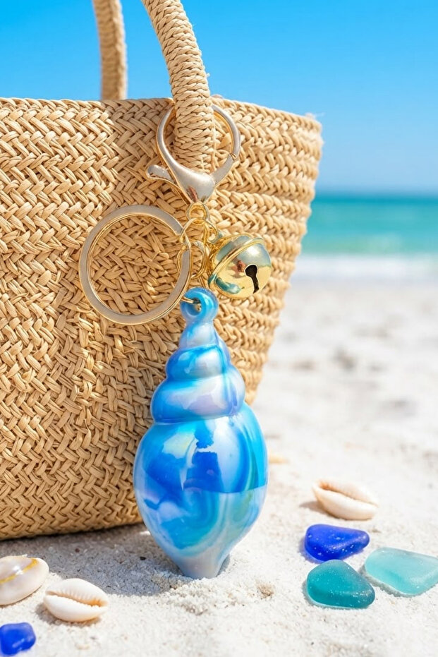 Seashell Figured Bag Charm Keychain Gold Bell Detailed Bag Charm