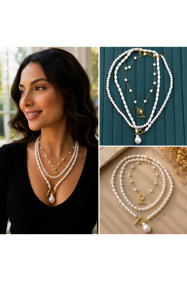 ๐ Premium Shiny Gold Color Model Drop Pearl End Multi-Layer Combination 316L Steel Women's Necklace (45cm)