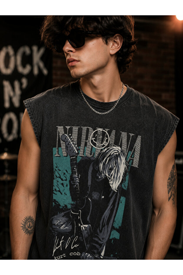 Unisex Black Oversize 100% Cotton Front Printed Crew Neck Sleeveless Street Style T-Shirt Nirvana