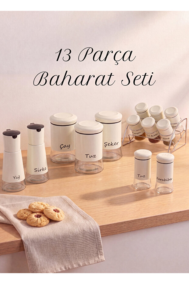 13-Piece White Spice Rack Set, 6-Piece Spice Rack with Stand, 3 Large Jars, Oil Container, Vinegar Container, Salt Shaker, Pepper Shaker