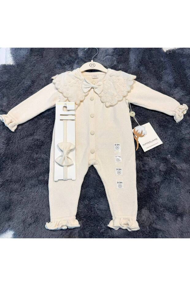 Baby Girl Lace Collared Knitwear Jumpsuit and Headband - 100% Natural Cotton - Cream