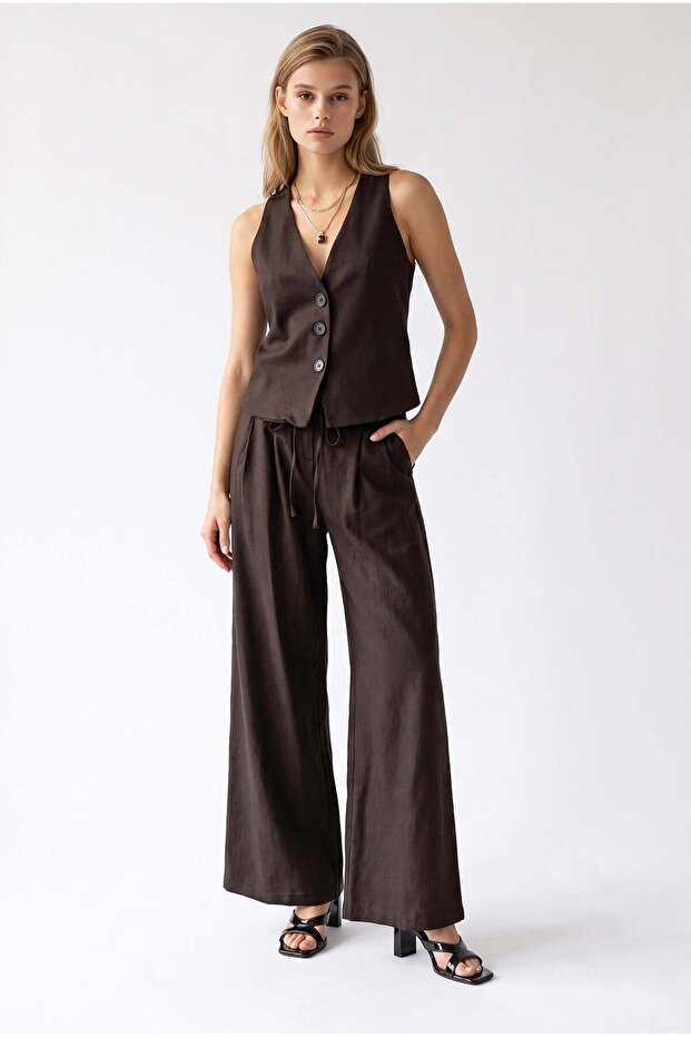 2193 Women's Buttoned V-Neck Vest Wide Leg Pants Set Brown