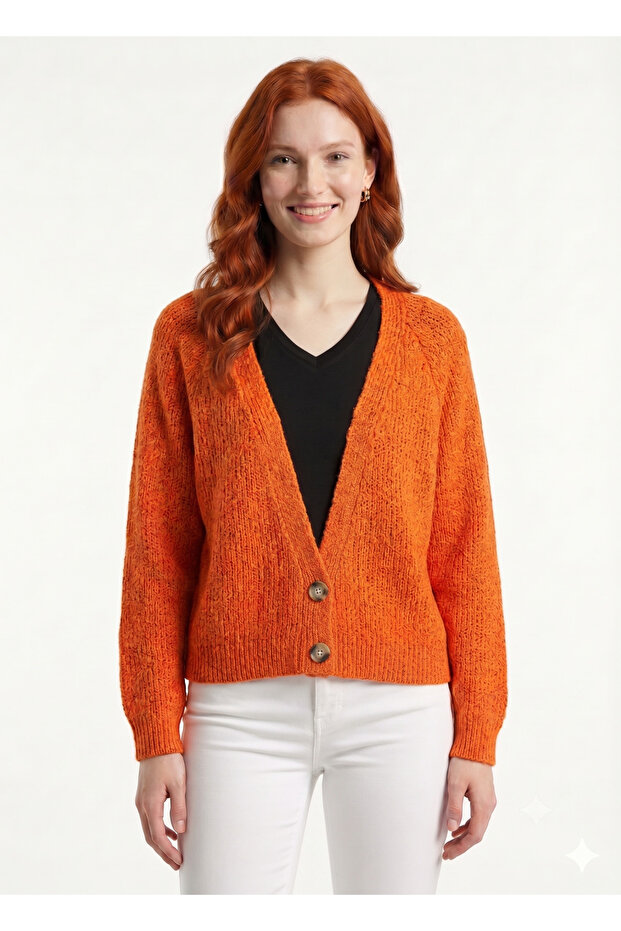 Women's Orange V-Neck Knitted Cardigan