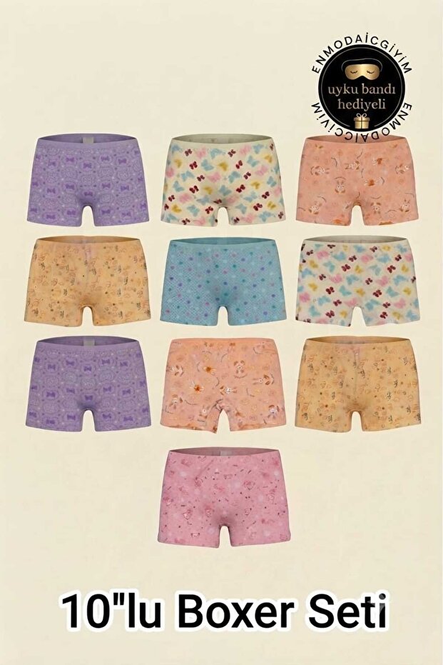 Girl's Cotton Mixed Patterned Flexible Boxer Briefs Set 10-Pack - with Sleep Band Gift