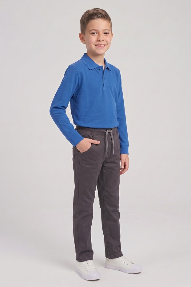 Boy's Cobalt Blue Long Sleeve Polo Collar T-Shirt Smoked Ribbed Waist Canvas School Pants Bottom - Top Set School Outfit