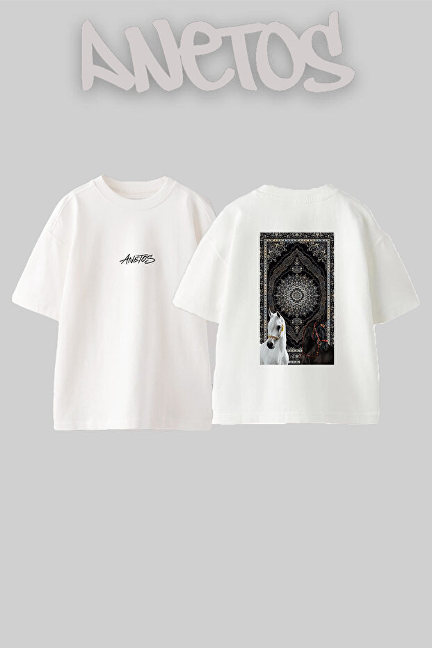 Persian Carpet Horses Design Back Printed Cotton White Oversize T-Shirt