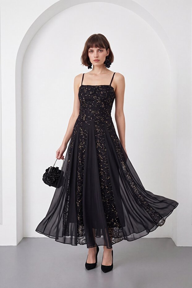 Women's Black Thin Strap Floral Patterned Maxi Event Dress