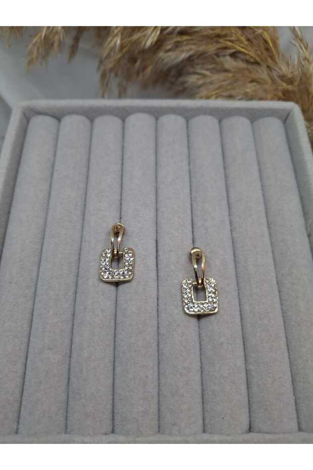 Gold Square Stone Dangle Earrings - Zircon Stone Embellished Geometric Evening Dress and Casual Earrings