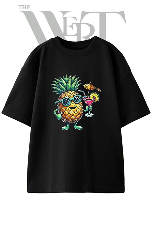 Pineapple Sunglasses Cocktail Design Printed Unisex Black Oversize T-Shirt